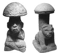 Chamán y jaguar con hongos asociados a sus cabezas. Arte precolombino en piedra, Mesoamérica (Guatemala)